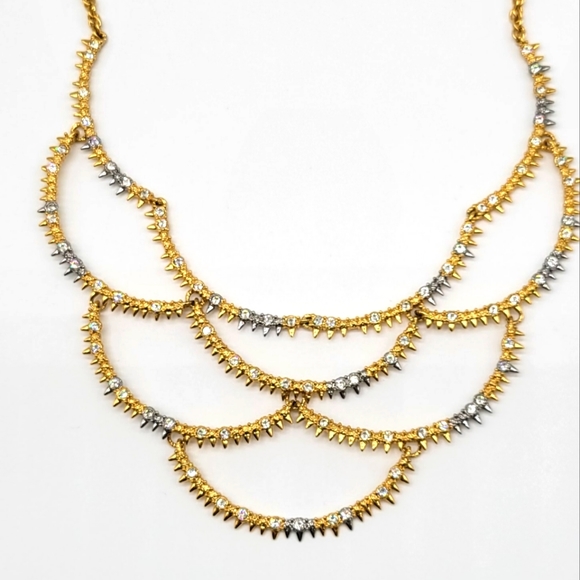 Alexis Bittar Two Tone Silver and Gold Edgy Spiked Bib Necklace with Crystals - Picture 4 of 14